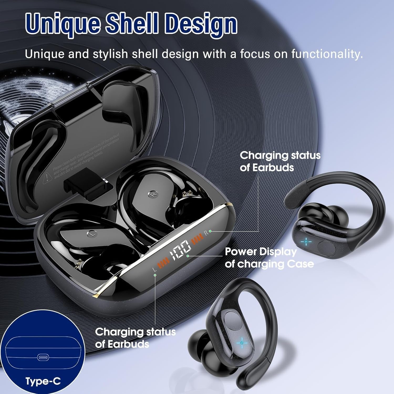 75H Sports Wireless Earbuds Bluetooth 5.4 Headphones Stereo Deep Bass,Black